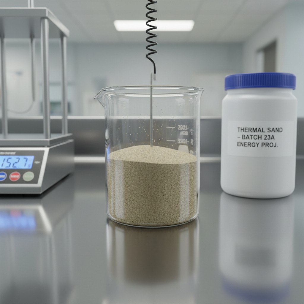 An image of a lab setup with beaker of sand and a bottle labeled 'thermal sand.'